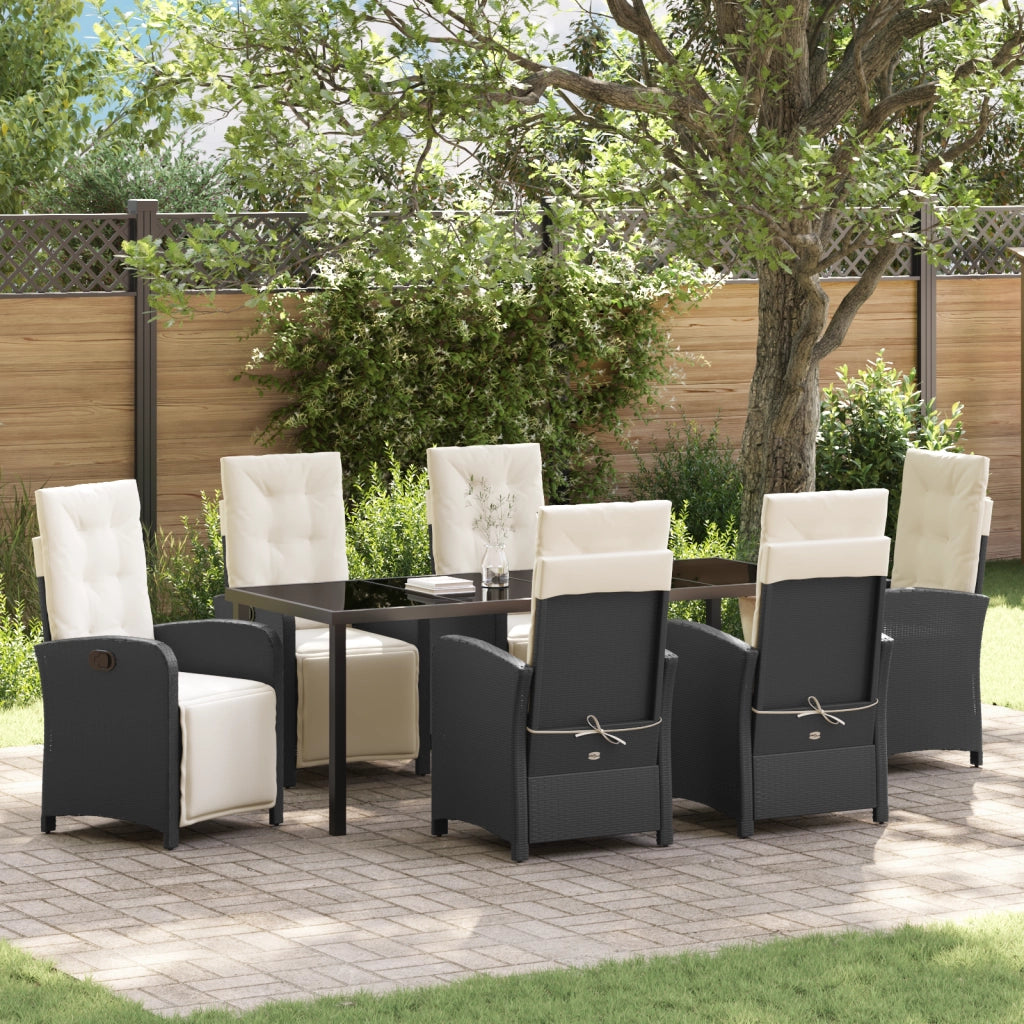 Set Pranzo Giardino 7 Pezzi con Cuscini in Rattan Sintetico Nero