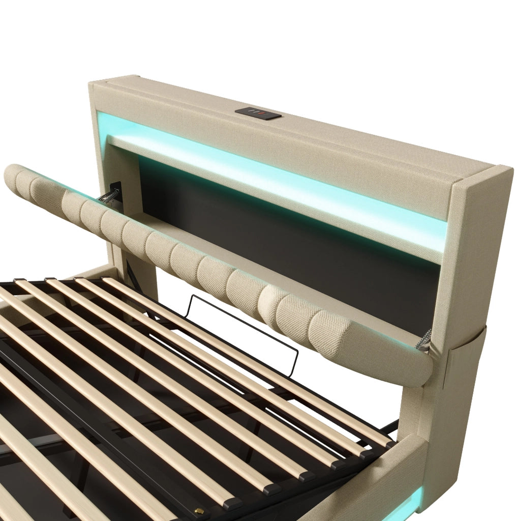 Letto 160x200 cm con contenitore idraulico; LED; USB e Type-C; in lino beige con materasso
