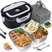 MULBEVD 3-in-1 Box da Picnic elettrica 100W - 2 x 1,5L contenitori in acciaio inossidabile con 0,45L contenitore, 220V/12V/24V, box da picnic impermeabile, box da picnic per adulti con maniglia pieghevole, set di utensili (nero)