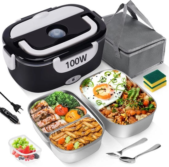 MULBEVD 3-in-1 Box da Picnic elettrica 100W - 2 x 1,5L contenitori in acciaio inossidabile con 0,45L contenitore, 220V/12V/24V, box da picnic impermeabile, box da picnic per adulti con maniglia pieghevole, set di utensili (nero)