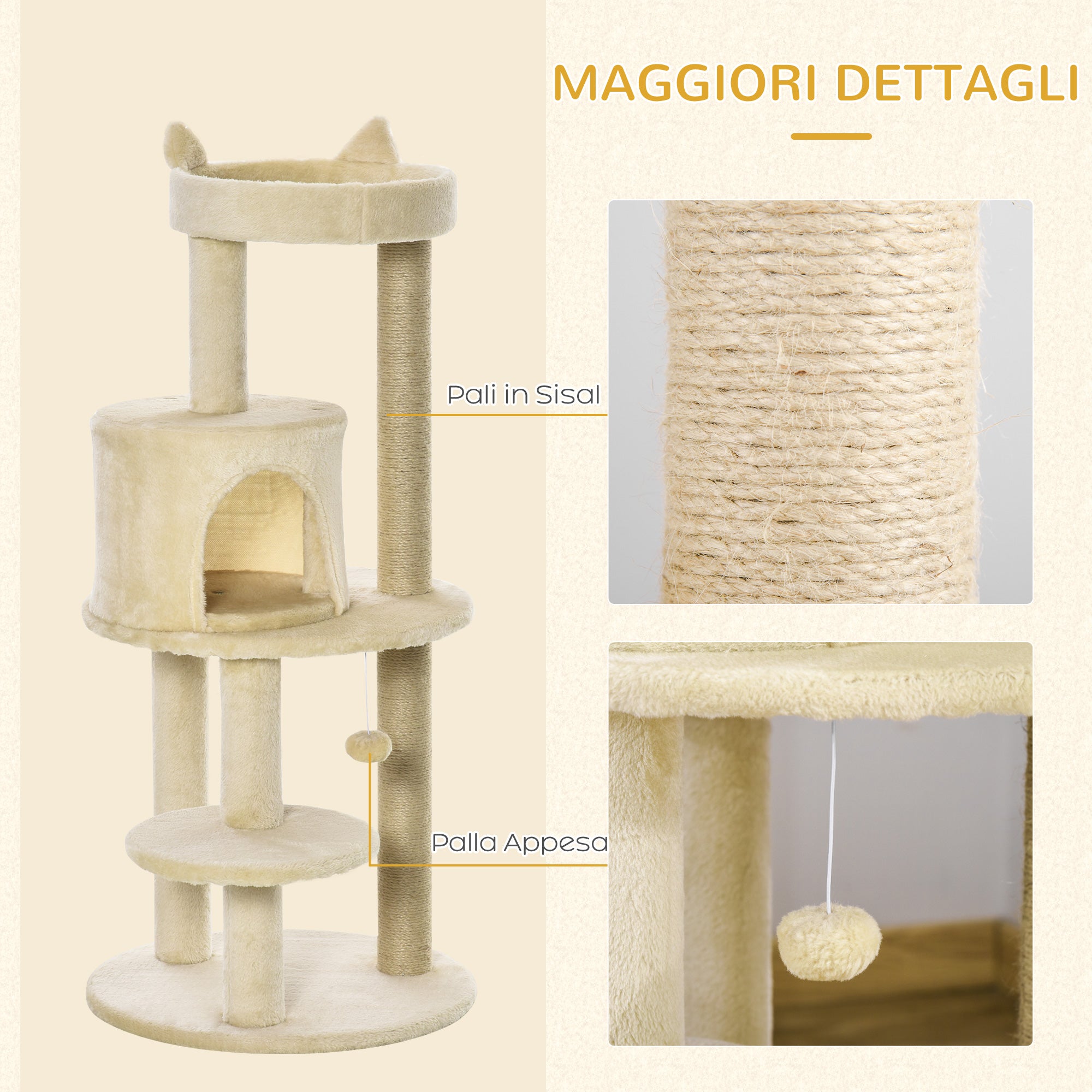 Albero Tiragraffi per Gatti con Cuccia e Piattaforma 104H cm Rivestimento in Sisal e Peluche Bianco Crema