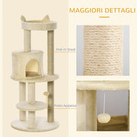 Albero Tiragraffi per Gatti con Cuccia e Piattaforma 104H cm Rivestimento in Sisal e Peluche Bianco Crema