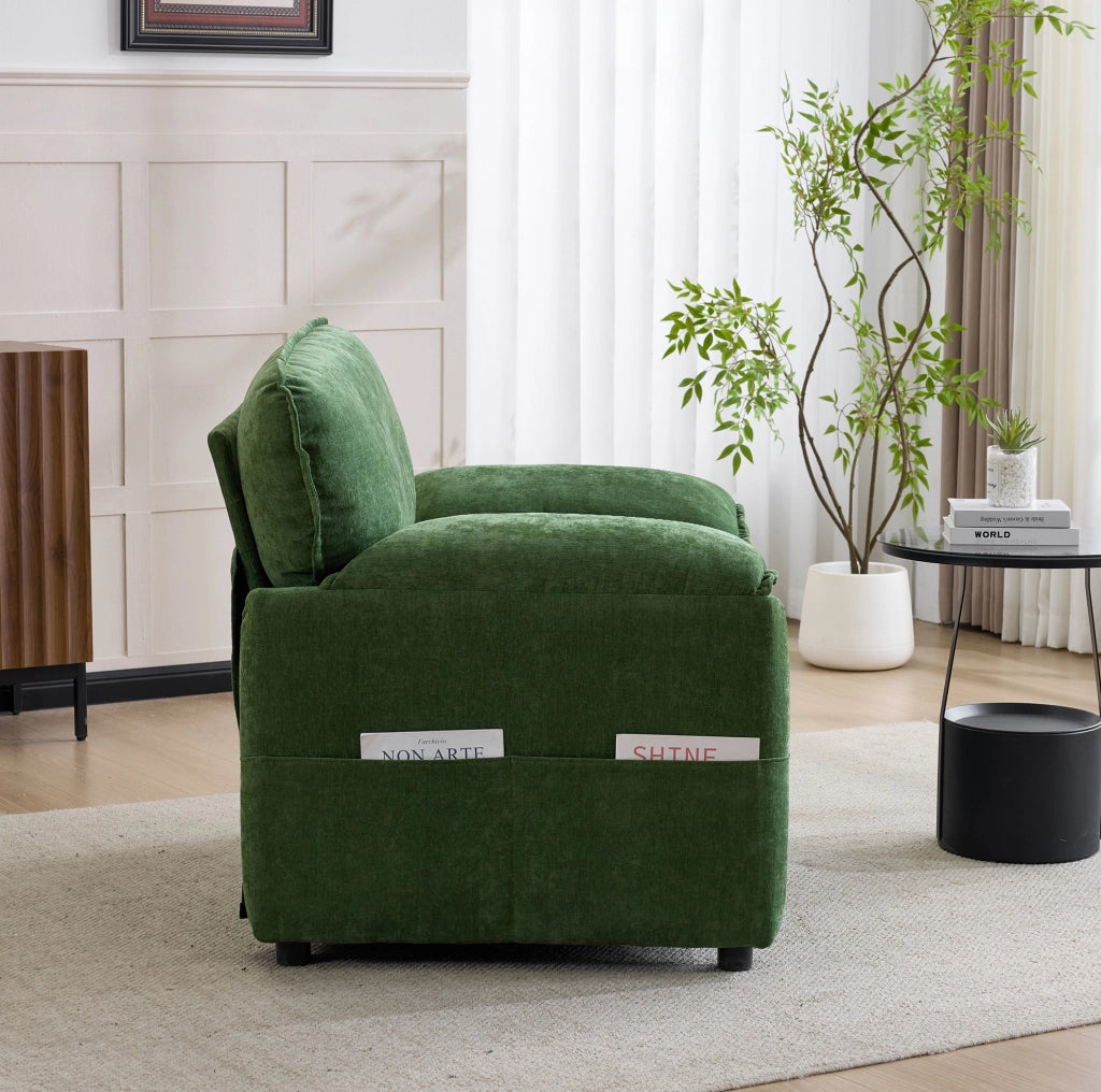 Poltrona rétro 96x90x92 cm verde scuro con doppia tasca, tessuto chenille