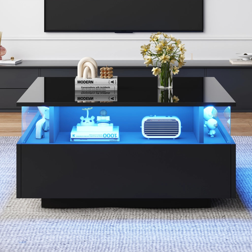 Tavolino da caff¨¨ moderno nero lucido con illuminazione LED, 2 cassetti e area espositiva trasparente, 70¡Á70¡Á41 cm, portata 30 kg