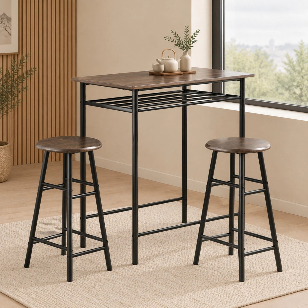 Set tavolo bar ULEVR 80x50x90 cm con 2 sgabelli e ripiano portaoggetti, MDF e metallo nero