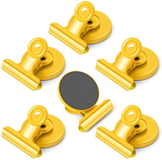 Clip magnetica, 6 pezzi di magneti gialli per frigorifero, magneti per lavagne magnetiche, magneti con clip, clip magnetiche inox, clip magnetiche forti per foto, adesivi, borse