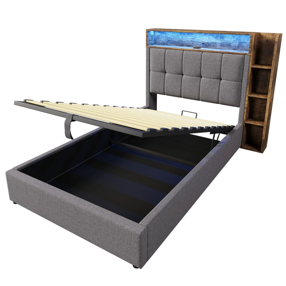 Letto Imbottito con LED e Contenitore ¨C MINIMAL ¨C Tessuto Grigio 90x200