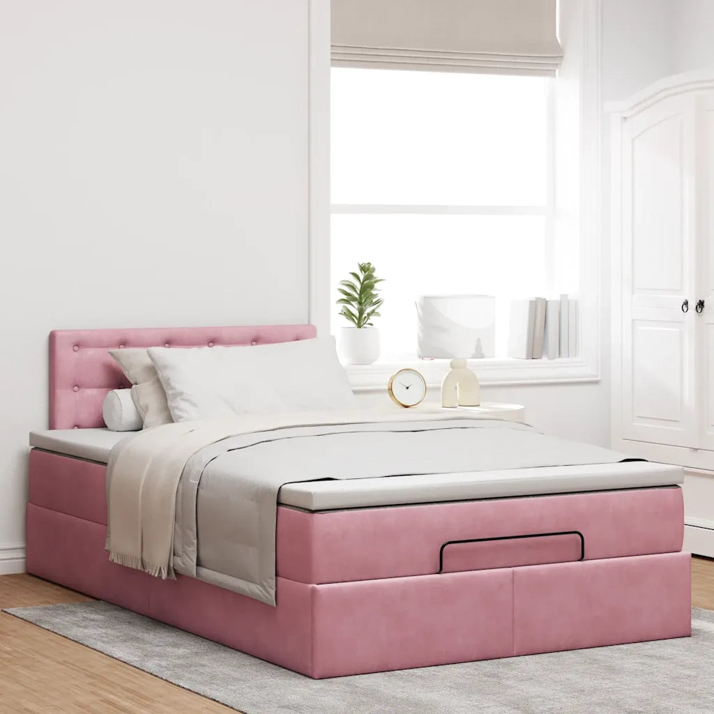 Pouf Letto con Materasso e LED Rosa 120x190cm in Velluto