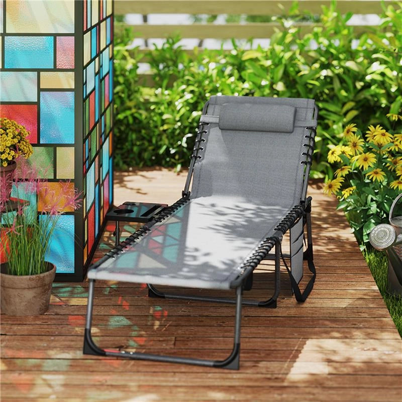 SDRAIO DA GIARDINO PIEGHEVOLE E RECLINABILE A 5 LIVELLI CON TAVOLINO LATERALE E TASCA 60X190X31 CM GRIGIO E NERO