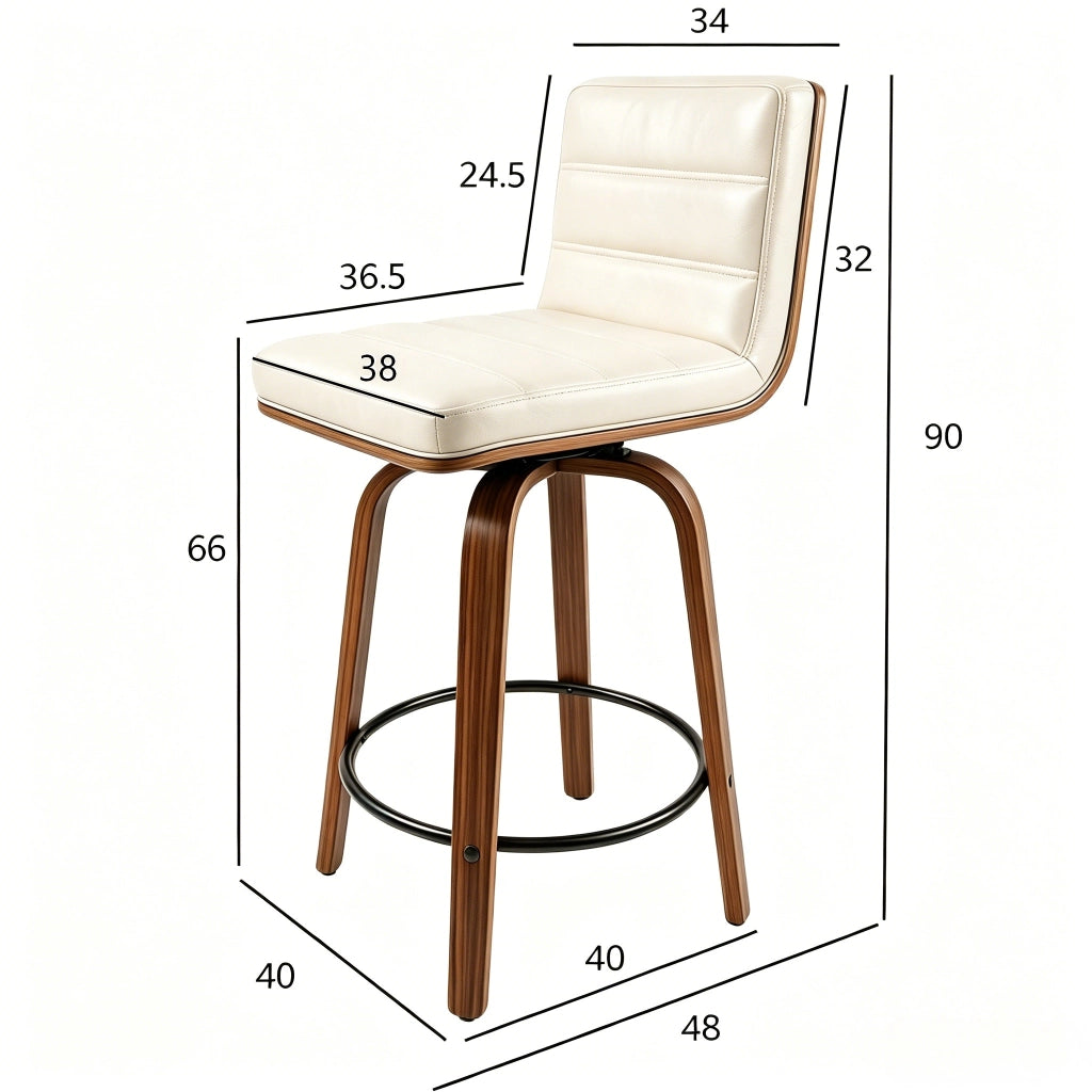 Sgabello da bar in pelle PU con schienale ergonomico, anello poggiapiedi e gambe in legno e metallo, crema