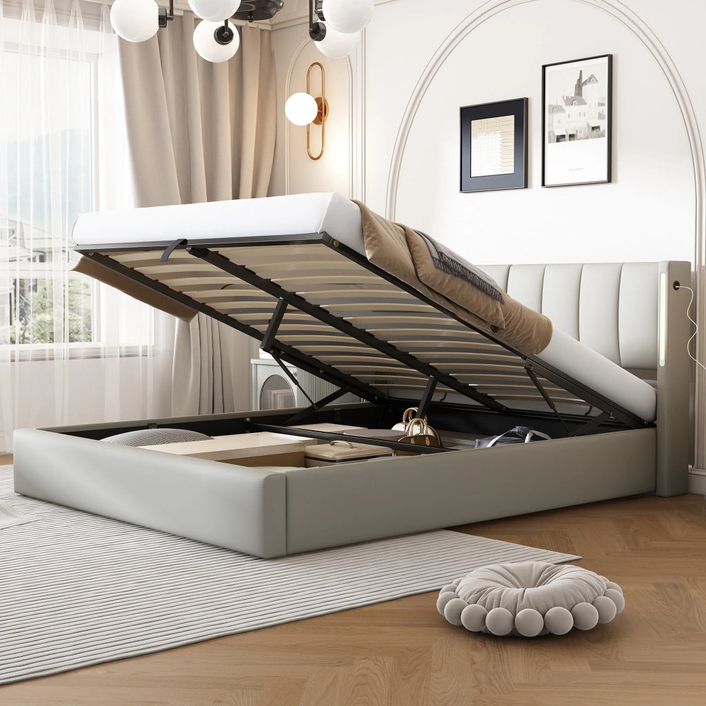 Letto matrimoniale 140x190 cm in PU grigio con LED; USB Type-C e contenitore