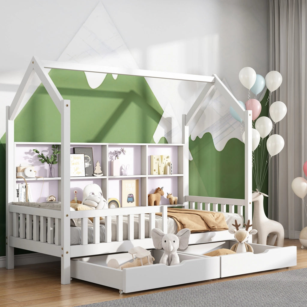 Letto per bambini a casetta 200x90 cm con 2 cassetti; scomparto portaoggetti; pino bianco