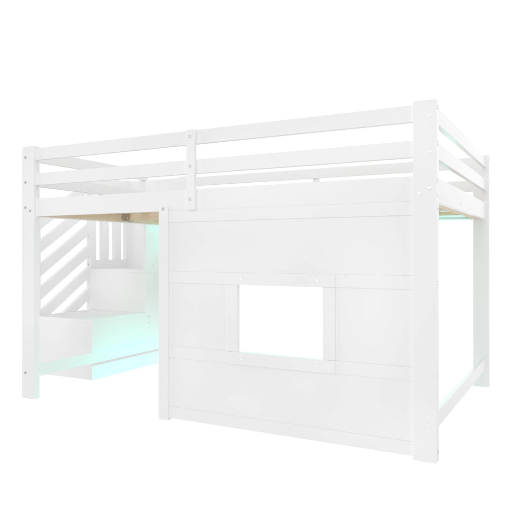 Letto a Soppalco 140x200 cm con Scala Contenitore; Finestra e LED - Bianco