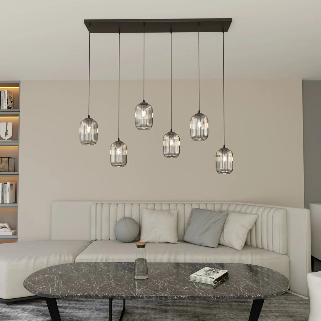 Lampadario 6 Luci Selene In Acciaio Nero E Vetri Plissettati Fumè