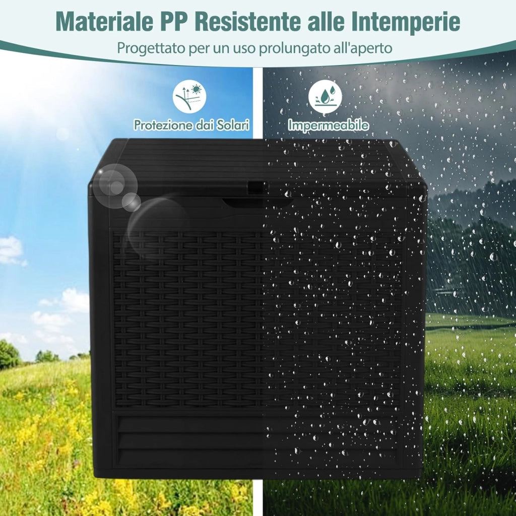 Baule da Esterno 96 L, Cassapanca Contenitore Impermeabile con Effetto Rattan, Coperchio Bloccabile e Maniglie, per Giardino, Patio e Piscina, 58 x 43,5 x 53 cm (Nero)