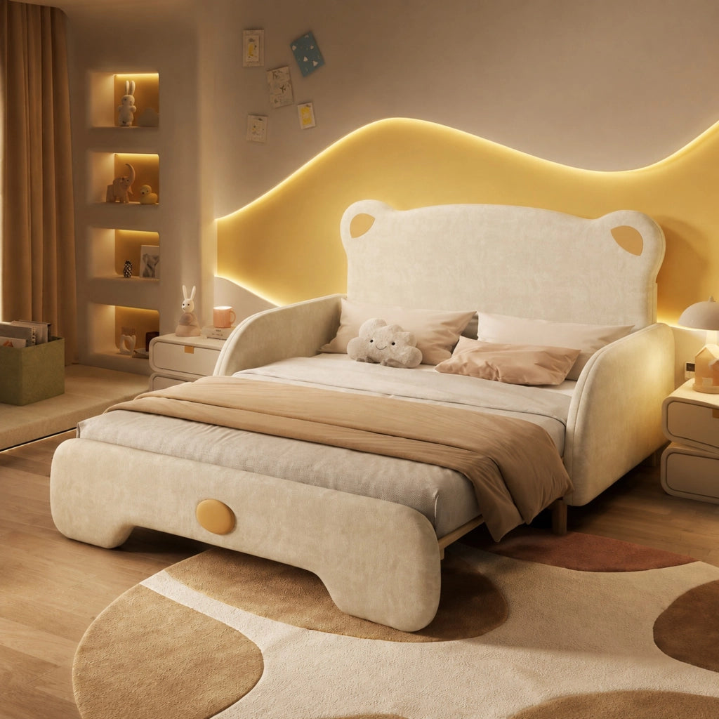 DESMIU Letto estraibile matrimoniale 2 posti con bordi morbidi e forma di orso, 140 × 200 cm e 140 × 105 cm, con materasso