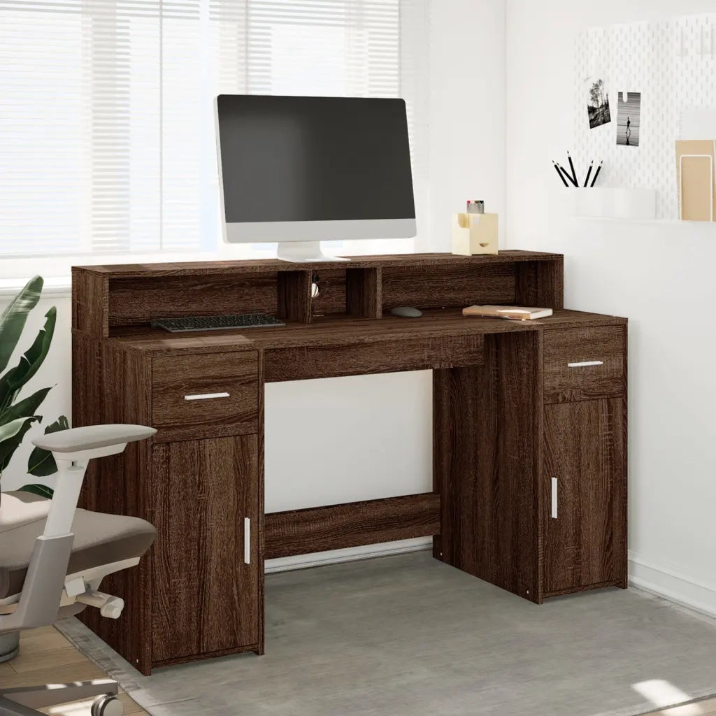 Scrivania con Luci LED Marrone Rovere 140x55x91 cm Multistrato 3309426