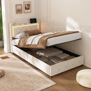 Letto singolo contenitore 90x200 cm con testiera LED e porta USB struttura letto imbottita con contenitore idraulico in velluto beige