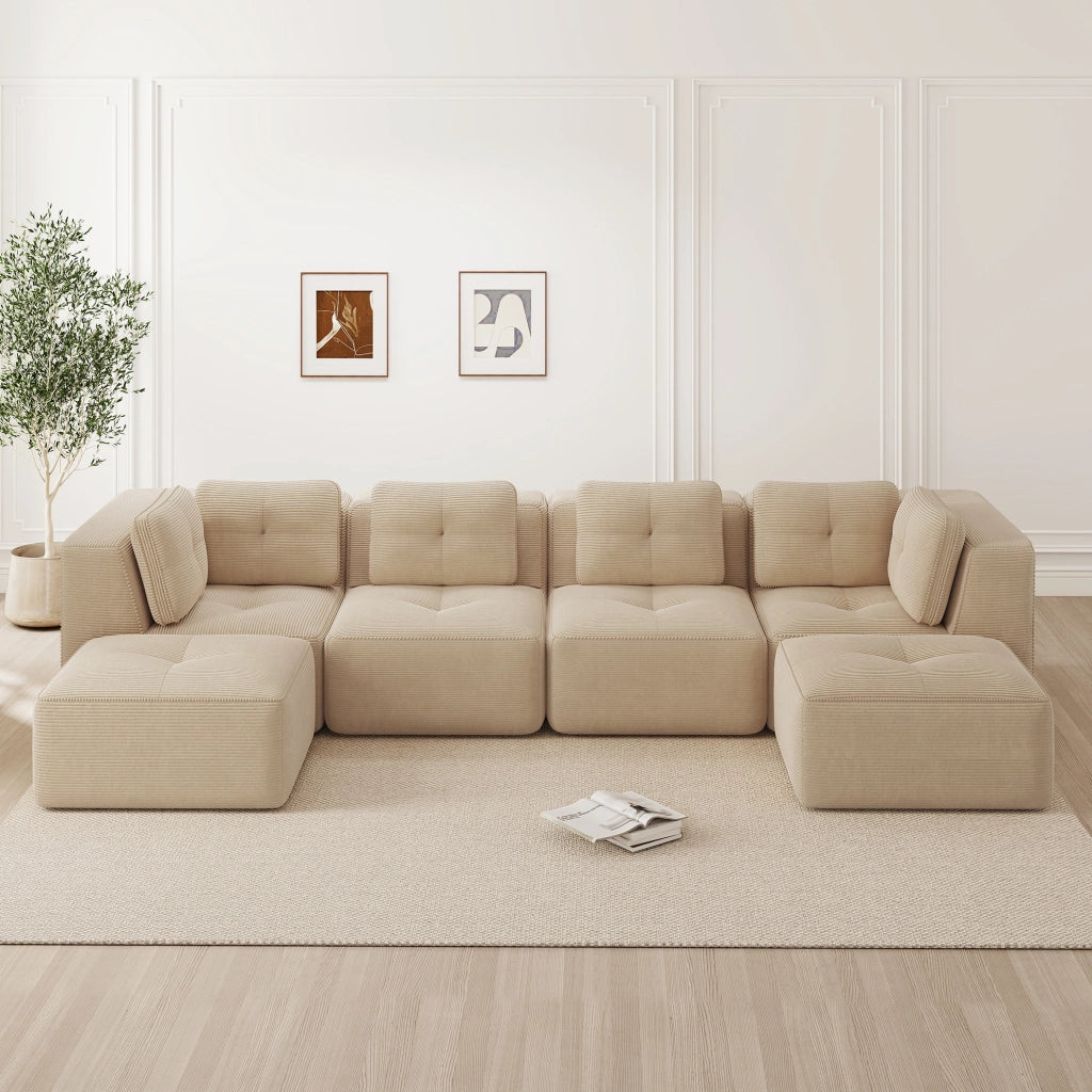 Divano angolare modulare 386x177x69 cm in velluto a coste beige; senza montaggio