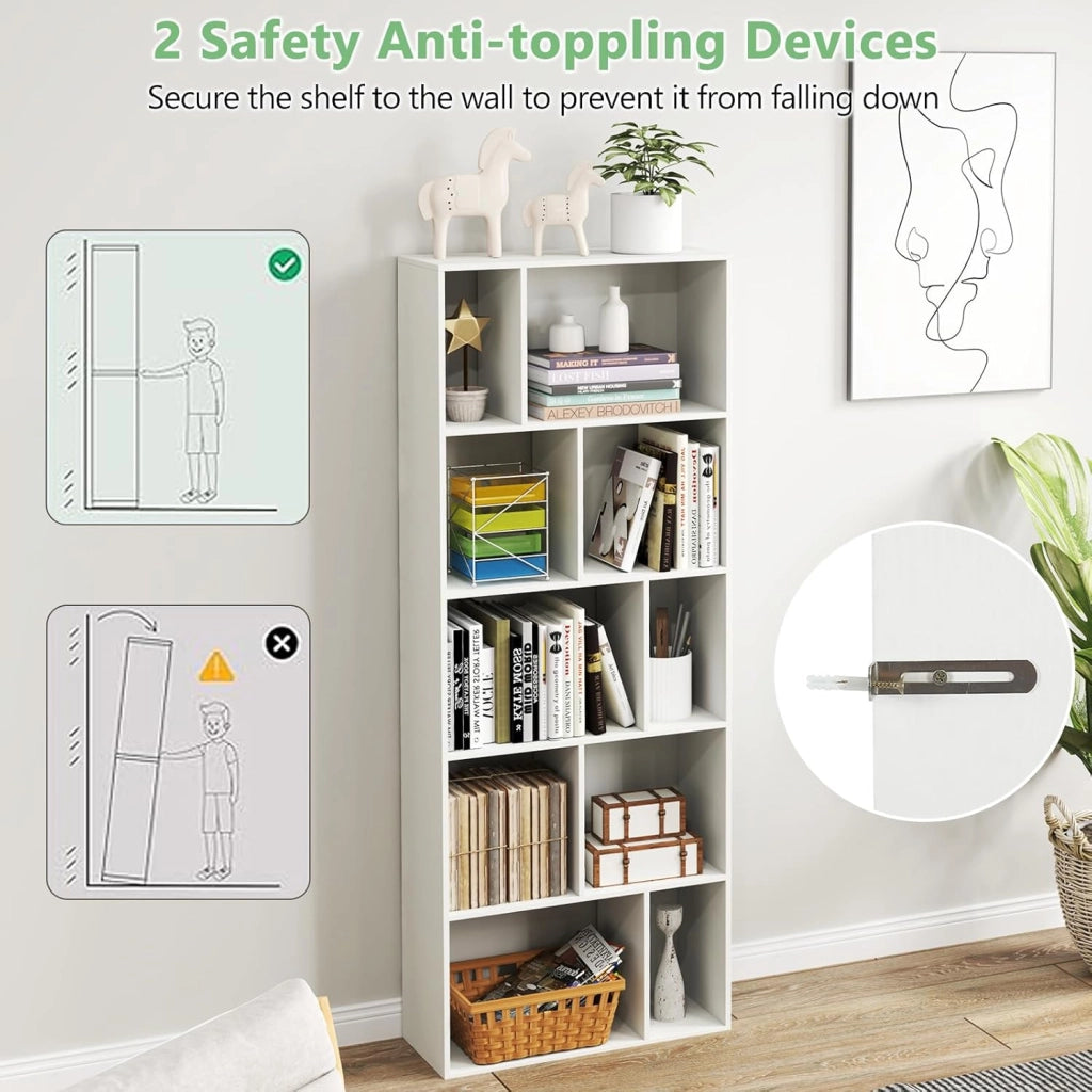 Libreria in legno a 5 livelli, scaffale portaoggetti con 10 scomparti aperti, 2 kit antiribaltamento, ripiano da pavimento, per soggiorno, ufficio, camera da letto