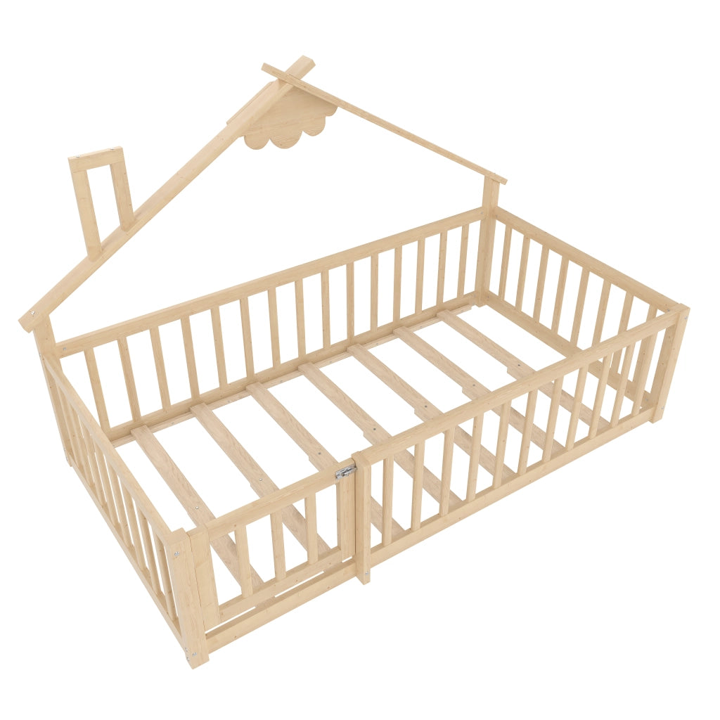 Letto per bambini 90x190 cm a forma di casa, in pino e MDF, colore naturale, con ringhiera di sicurezza