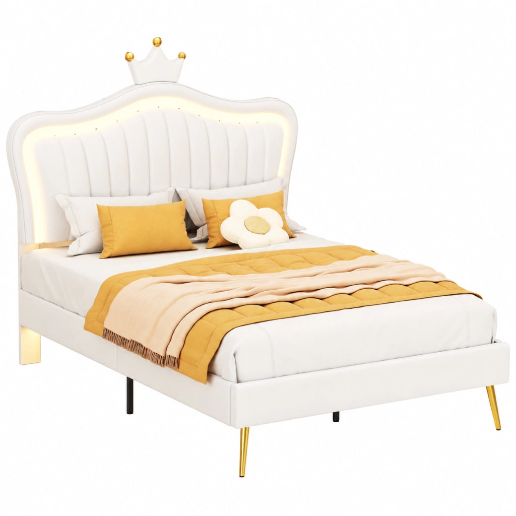 Letto imbottito 90x200 cm; 140x200 cm; testiera a conchiglia con LED; MDF ecopelle e metallo; bianco (Senza materasso)