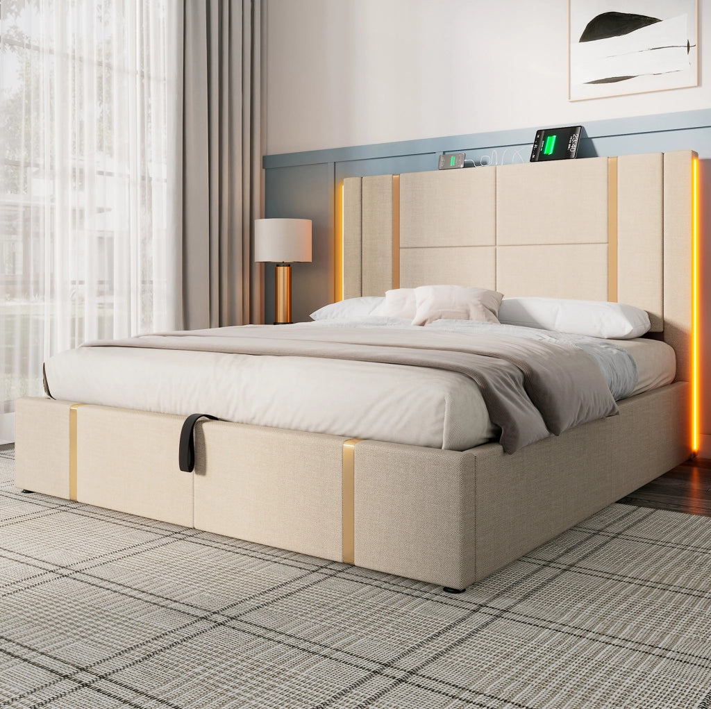 Letto matrimoniale 160x200 cm con contenitore; LED RGB; porte USB e Type-C; beige in lino; con materasso