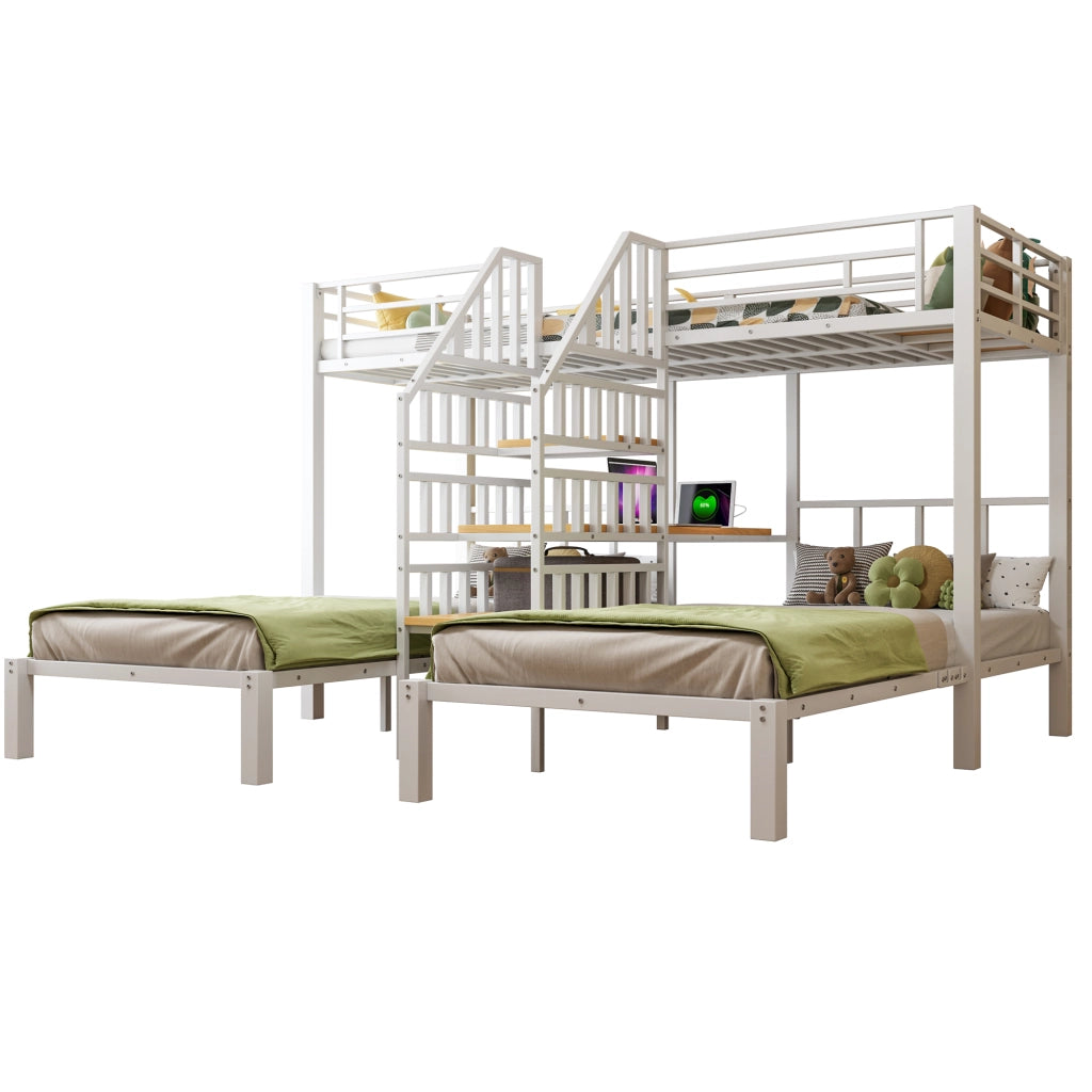 OKWISH Letto a Castello 90×200 cm, Letto 3 Posti con LED, USB, Presa, Scala Contenitore, Scrivania e Mensola, senza Materasso, Bianco
