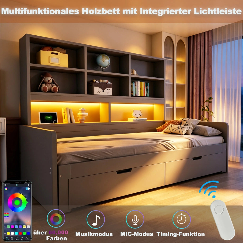 Letto divano estensibile 90x200/180x200 cm con LED; USB; cassetti e ripiani aperti; legno grigio
