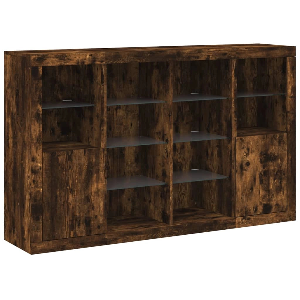 Buffet credenza cassettiera armadio mobile contenitore organizer per cucina soggiorno salotto con luci a LED 3 pezzi legno ingegnerizzato marrone 02_0037209