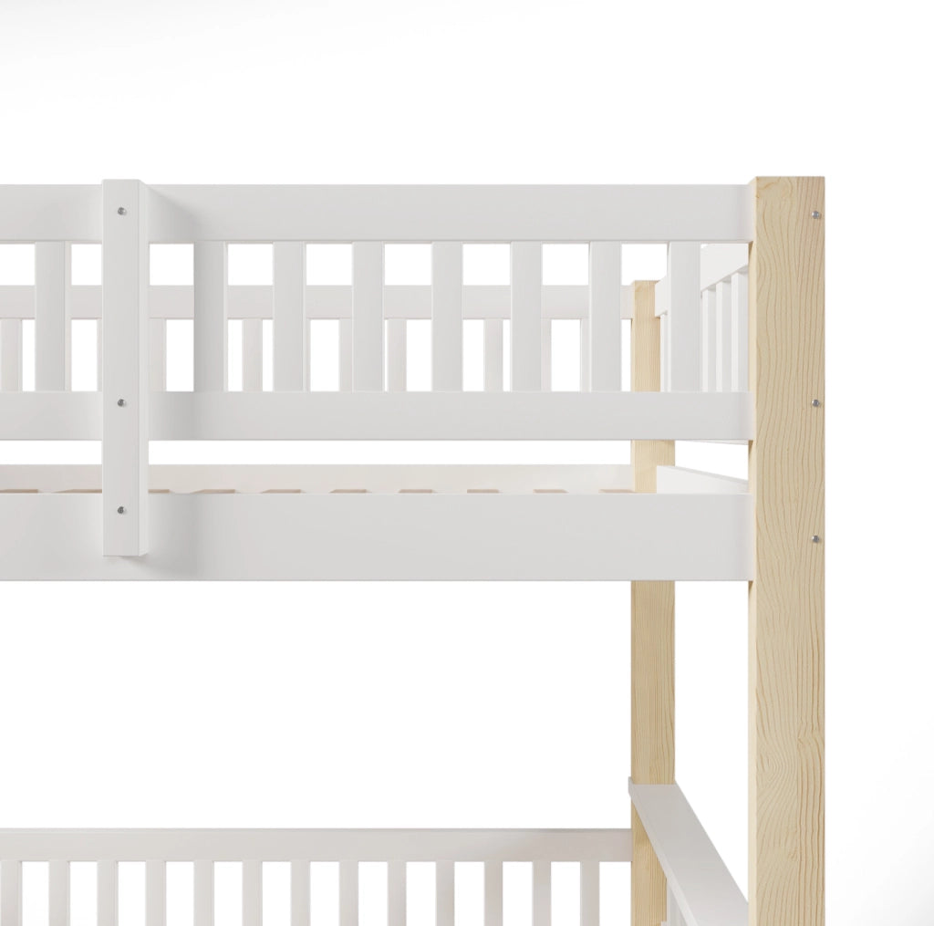 Letto a castello in legno di pino 90x200 cm + 140x200 cm; bianco e naturale