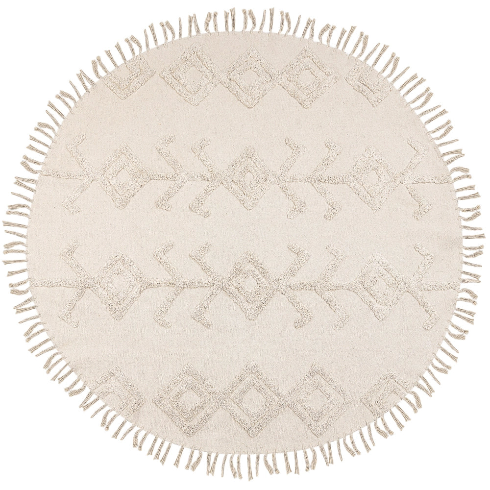 Tappeto rotondo in cotone beige ⌀ 140 cm trapuntato con motivo e frange boho soggiorno camera da letto
