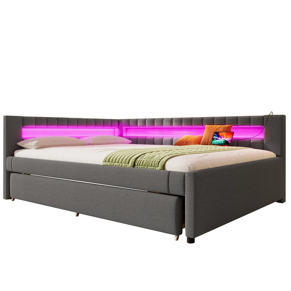 Letto Giorno con Letto Estraibile e LED ¨C MINIMAL ¨C Tessuto Grigio 140x200