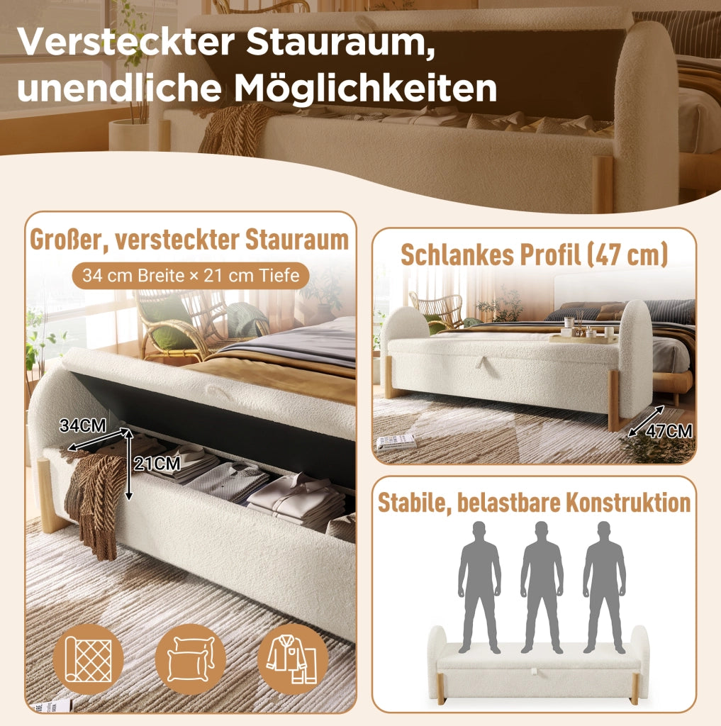 Panca contenitore imbottita 166x47x61 cm in bouclé bianco con struttura in legno