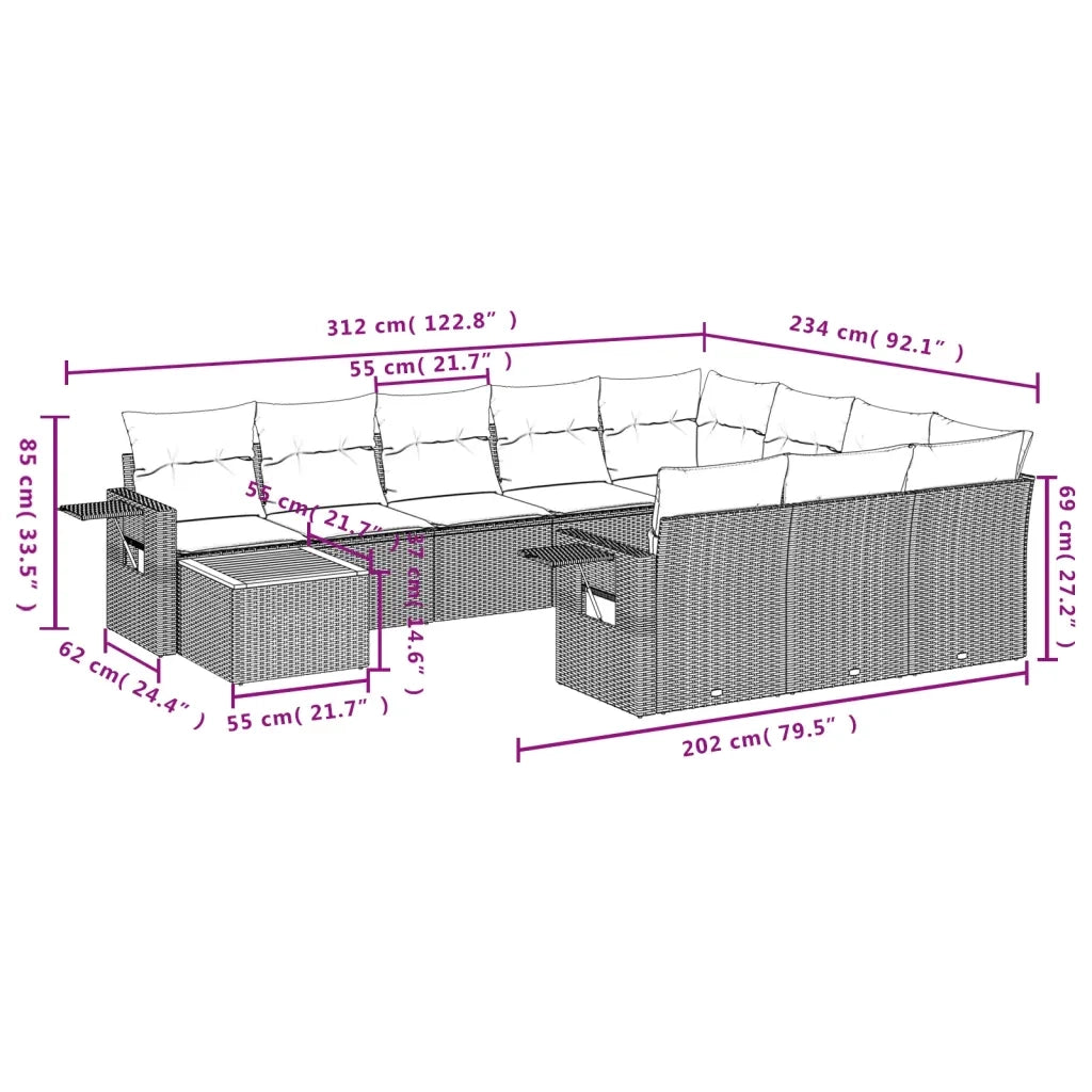 Set Divani da Giardino 11 pz con Cuscini Beige in Polyrattan 3224749