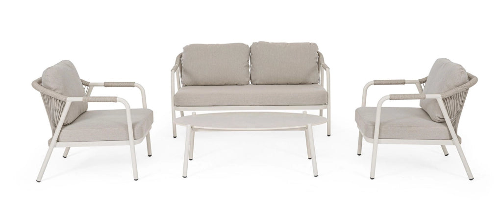 Set 4 Pezzi Salotto da Giardino con Divano 2 Poltrone e Tavolino in Alluminio Corda Poliestere e Pietra Sinterizzata