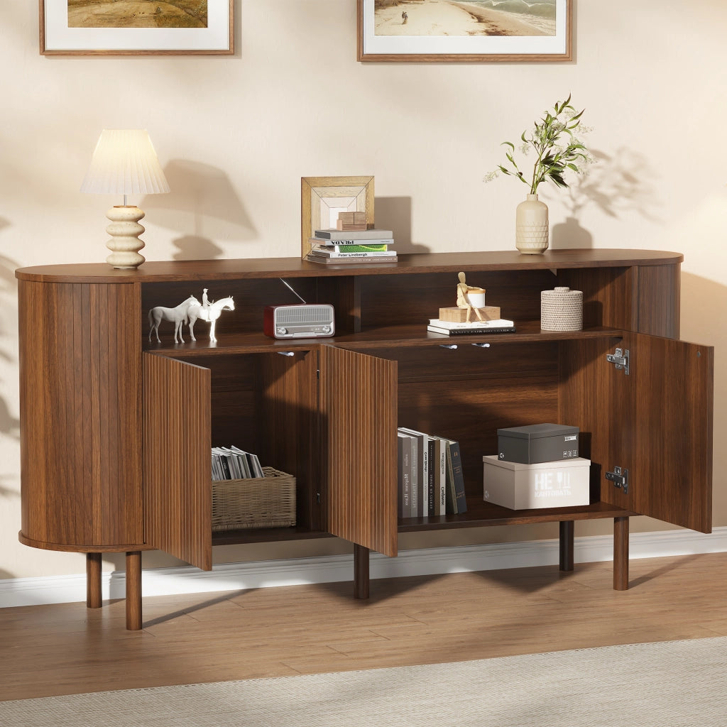 Credenza e madia con 3 ante a onde e 2 vani aperti, per soggiorno, in truciolare, noce, 160 × 40 × 78,5 cm