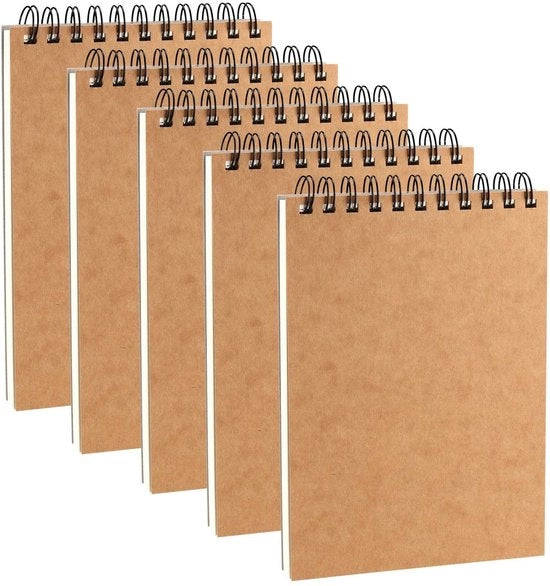 Quaderno A5 - 5-pack - 160 g/m² Carta Kraft - Legato a Spirale - Copertina Rigida - 100 Pagine - Libretto di Note