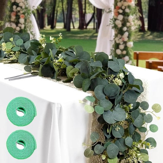 Due pezzi di guirlanda di eucalipto da 1,8 m, due pezzi di nastro adesivo per piante, decorazione artificiale di eucalipto, guirlanda di foglie verdi per matrimoni, feste, decorazioni da tavola, finestre, scale e giardino