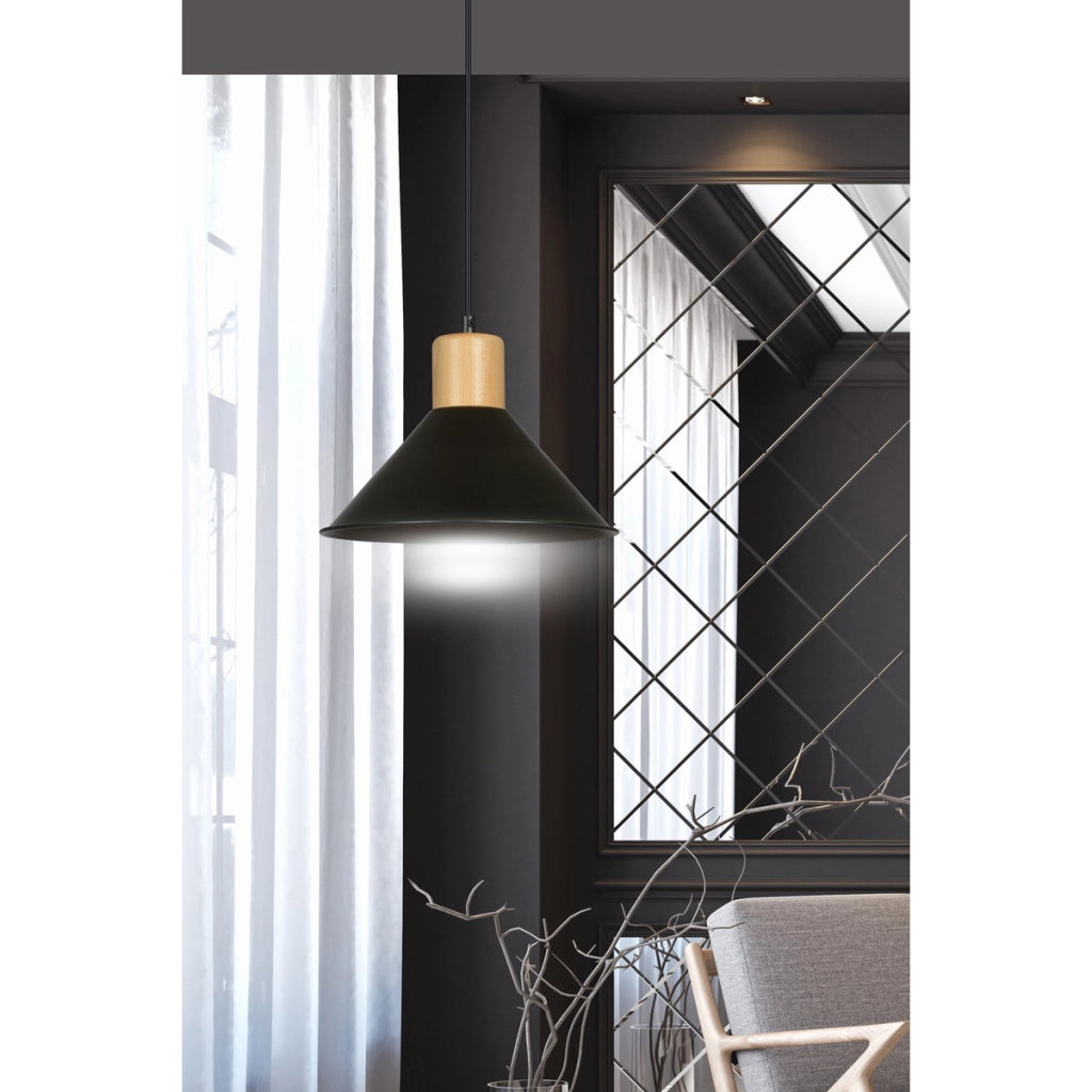 Lampada a sospensione ROWEN in acciaio nero e legno
