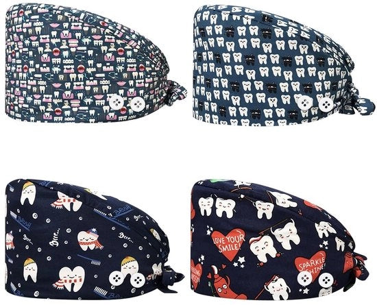 Cappello dentale - 4 pezzi - Cappello da lavoro adattabile - Cappuccio di cotone - Fascia interna per la traspirazione - Bottone per prevenire il mal di orecchie