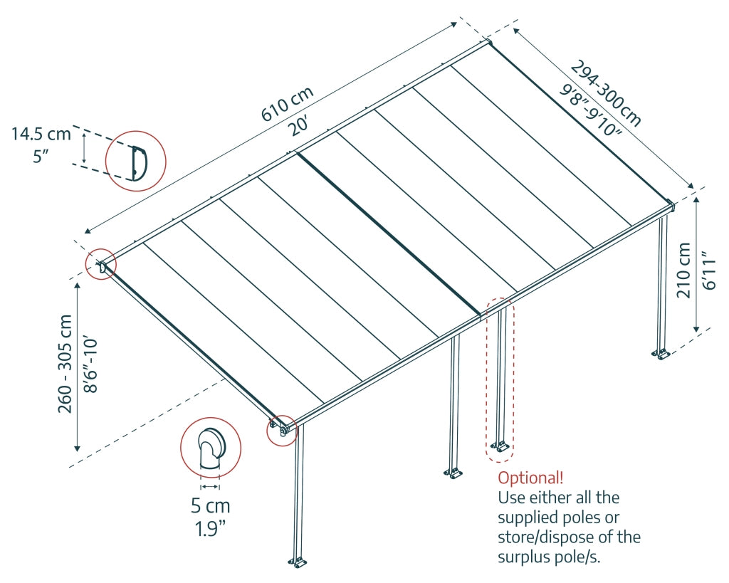 Pergola Addossata in Alluminio Feria 3X6.1 m colore Grigio
