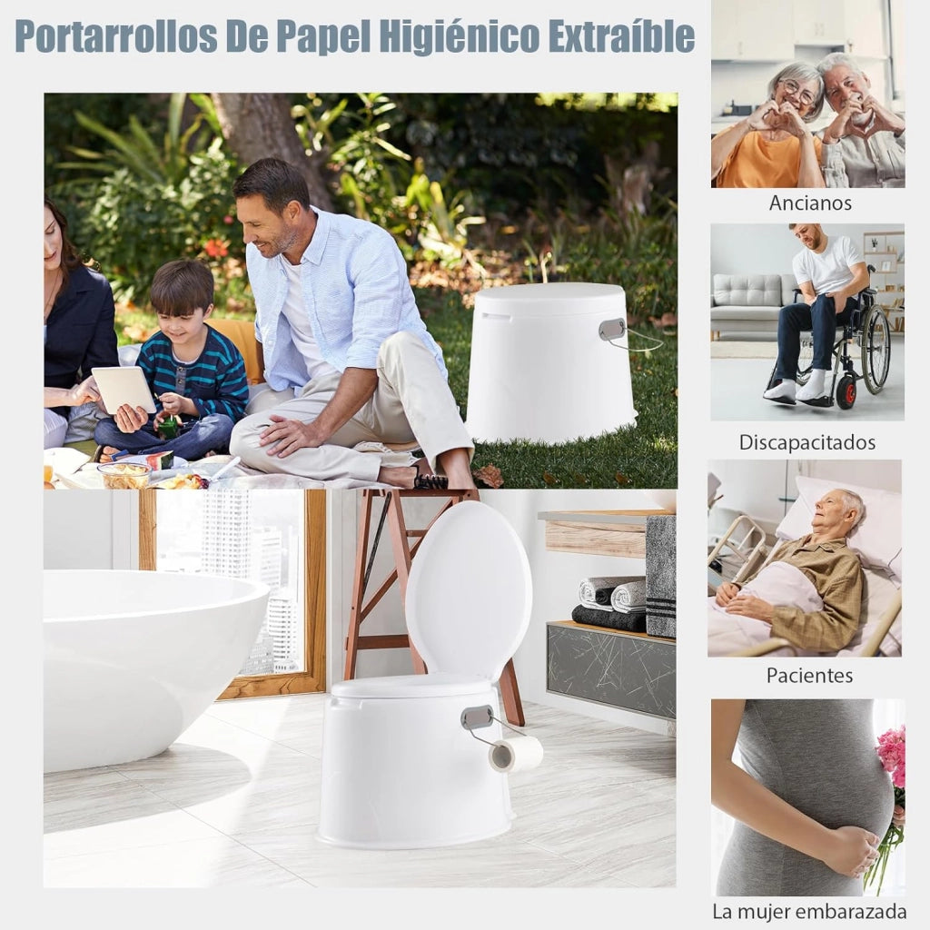 WC Portatile 5L, 49 X 41 X 34 CM, Toilette con Coperchio Anti-Odore, Secchio Interno Rimovibile, Portarotolo per Carta Igienica, Carico 200 kg, per Campeggio, Viaggi, Escursioni