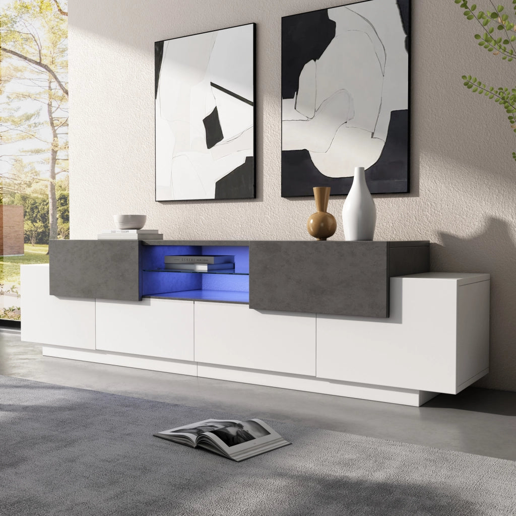 Mobile porta TV con LED, 2 cassetti, 4 ante e 3 ripiani aperti in truciolare e vetro, bianco e grigio 180 × 40 × 45 cm