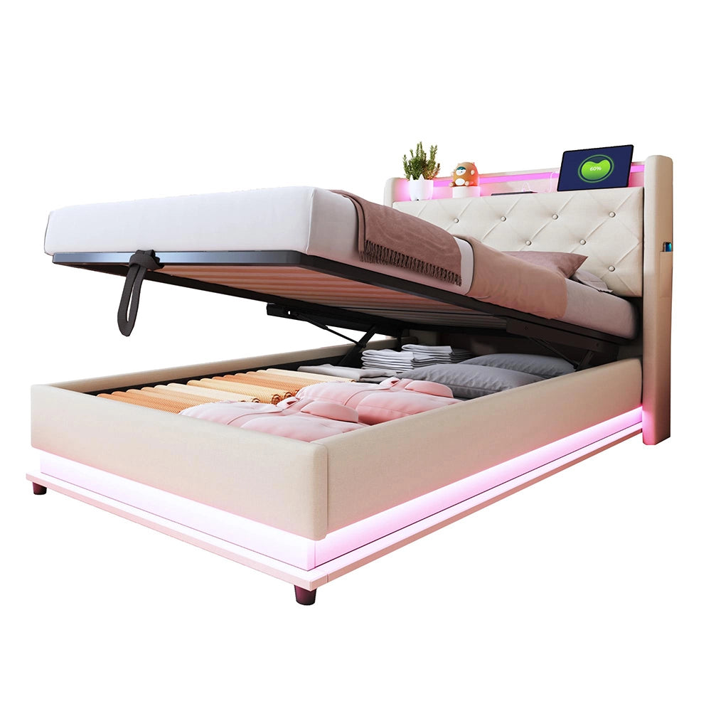Letto bambino-Xylo-90x200 cm-LED RGB, USB, tasca telefono, lino beige