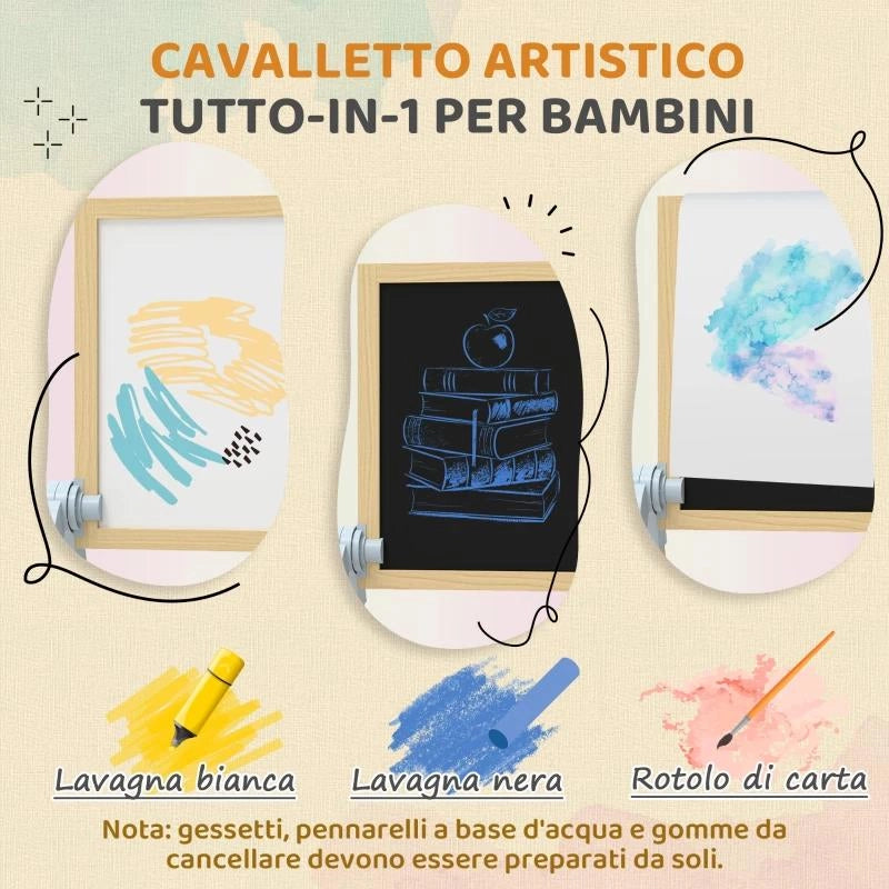 CAVALLETTO PER BAMBINI DOPPIA LAVAGNA PER GESSO E PENNARELLI, LAVAGNETTA MAGNETICA E ROTOLO DI CARTA, LEGNO