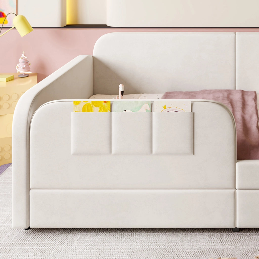 DESMIU Letto Per Bambini Singolo con 2 Cassetti, 3 Tasche e Sponde Alte, 90 × 200 cm, senza materasso, Bianco