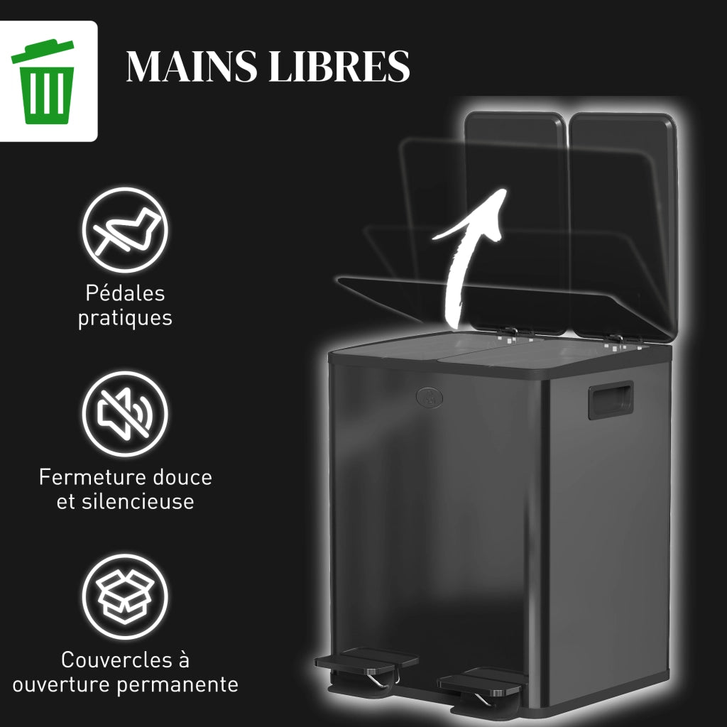 Bidone 2 Scomparti 2x20L ¨C Zephmum ¨C Acciaio Inox Nero 45.8x36x51.6cm