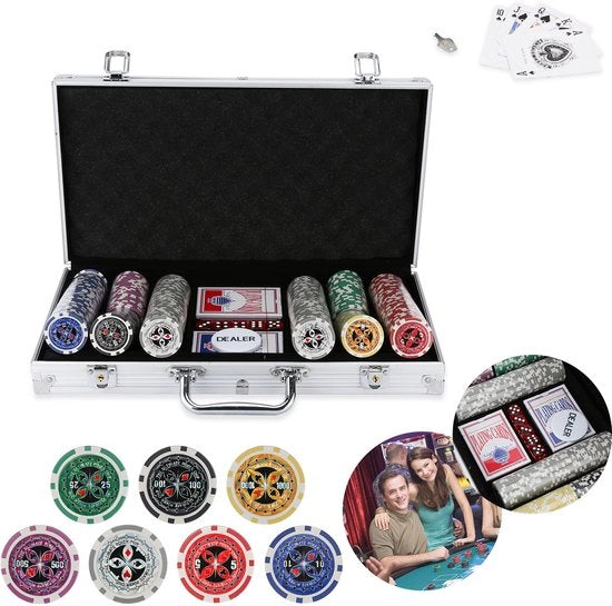 Set di Poker in Argento - 300 Sfere di Poker Professionali, 2 Carte da Gioco, Dadi e Bottone del Croupier per Casa