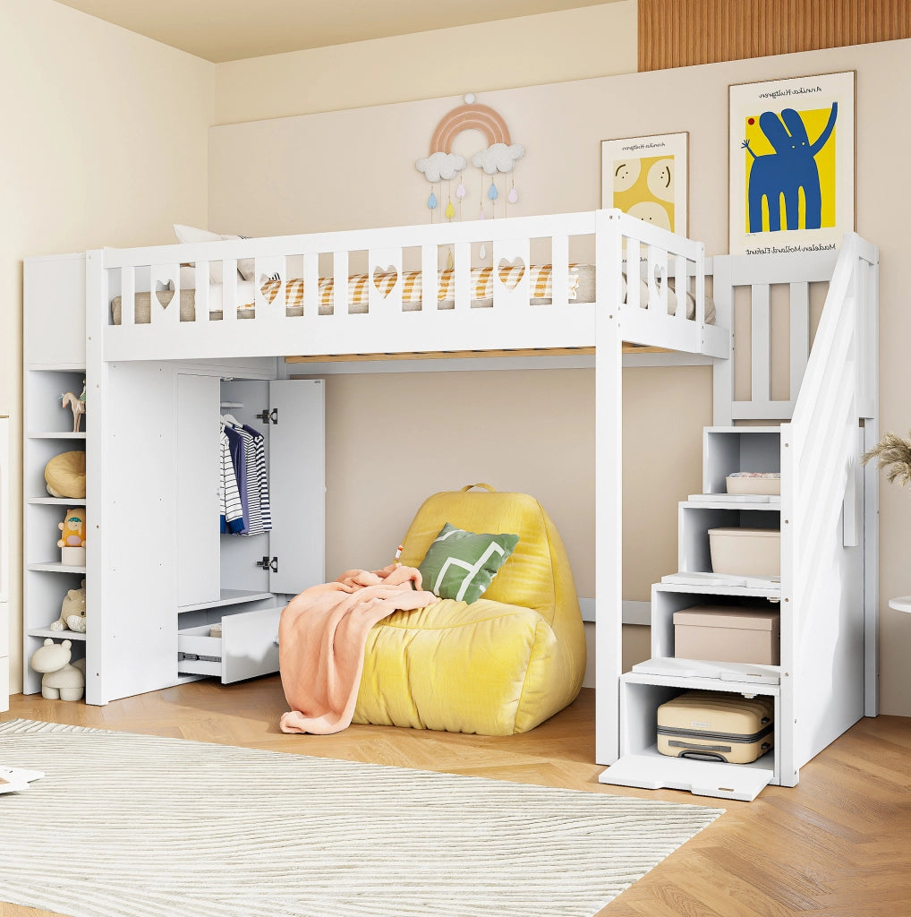 Letto a soppalco 90x200 cm con scala contenitore e ripiani